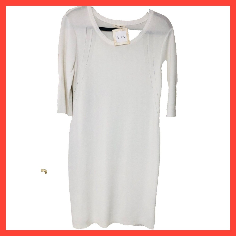 NWT Tea N Rose Womens L Knit Dress Off White Sheath Split 3/4 Bow Sleeves